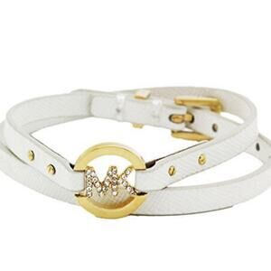 MICHAEL KORS GOLD TONE,PAVE,LOGO,DOUBLE WRAP OFF WHITE LEATHER BRACELET MKJ3853